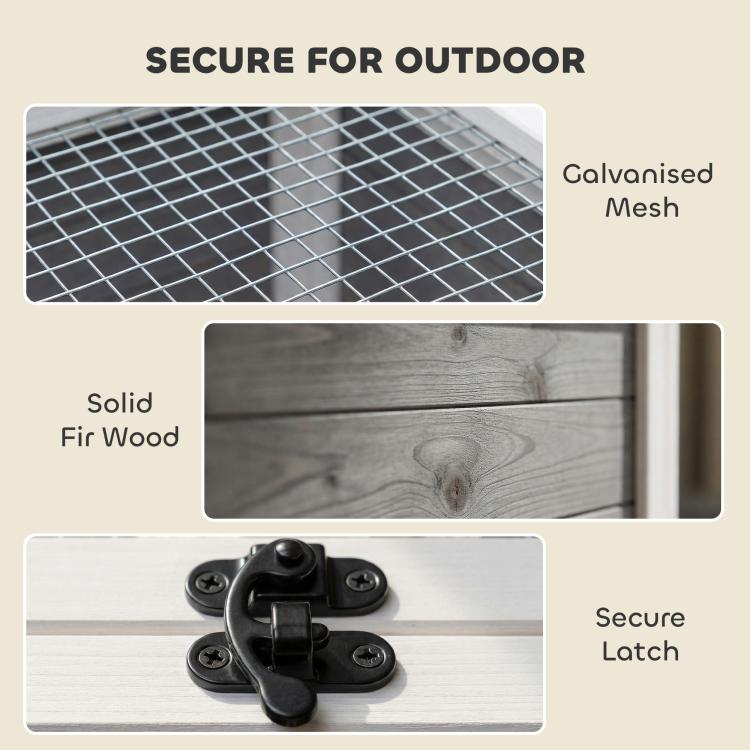 Tortoise enclosure detail: wire mesh cover, dark gray fir wood, and secure latch