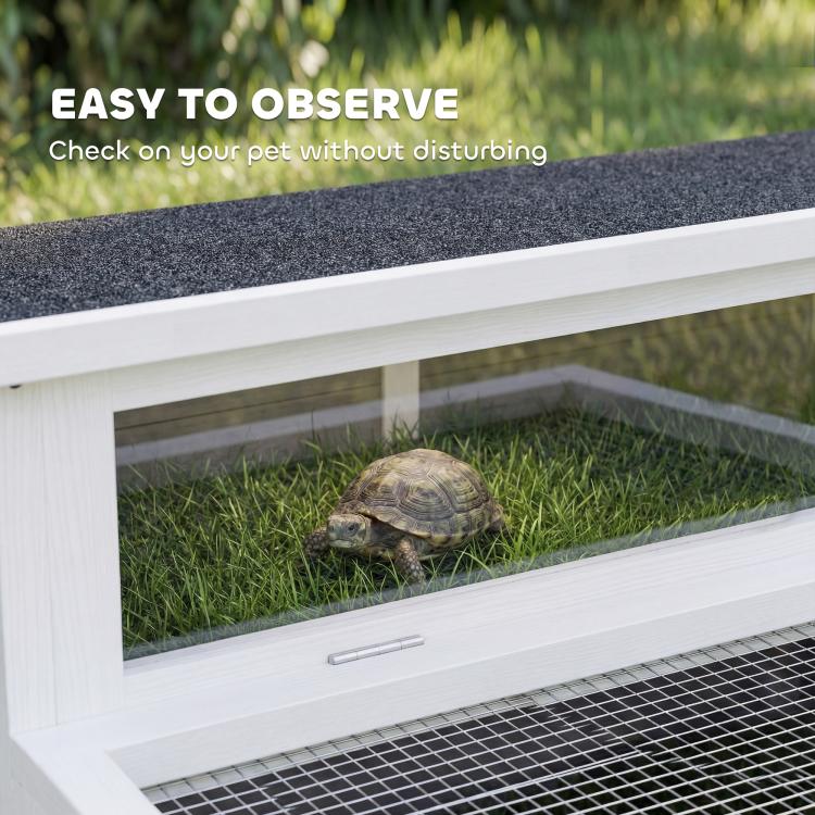 Tortoise enclosure clear viewing window in white frame with dark gray inner opening