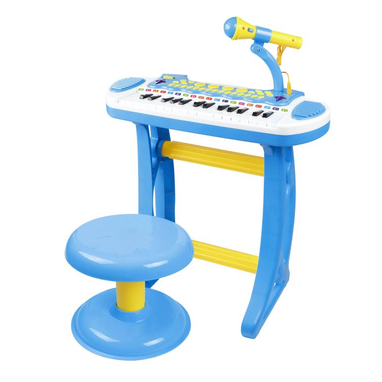 Blue kids electronic toy keyboard with microphone and matching round stool