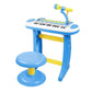 Blue toy keyboard piano with attached microphone and matching stool