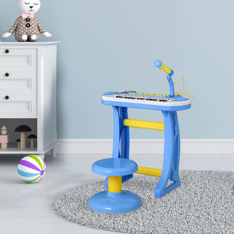 Blue kids electronic toy keyboard with microphone arm and matching stool