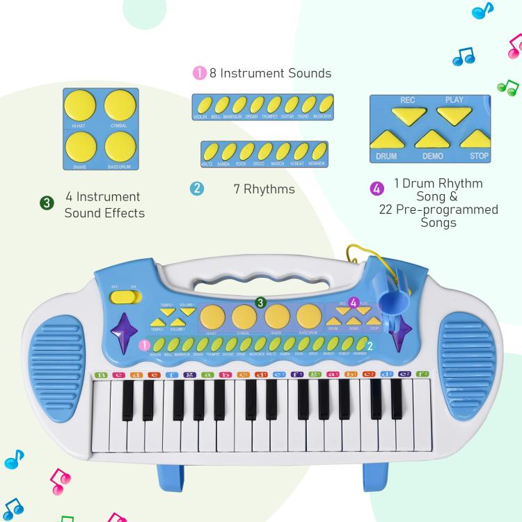 Front view of blue kids electronic toy keyboard with colorful control buttons