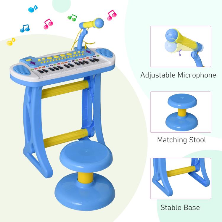 Kids toy keyboard set in blue with adjustable microphone and matching stool
