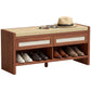 Brown shoe storage bench with cushioned seat, open shelf cubbies, and two drawer fronts