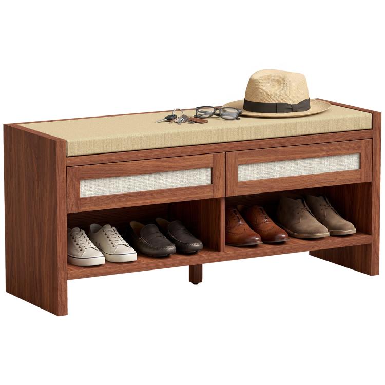 Brown shoe storage bench with cushioned seat, open shelf cubbies, and two drawer fronts