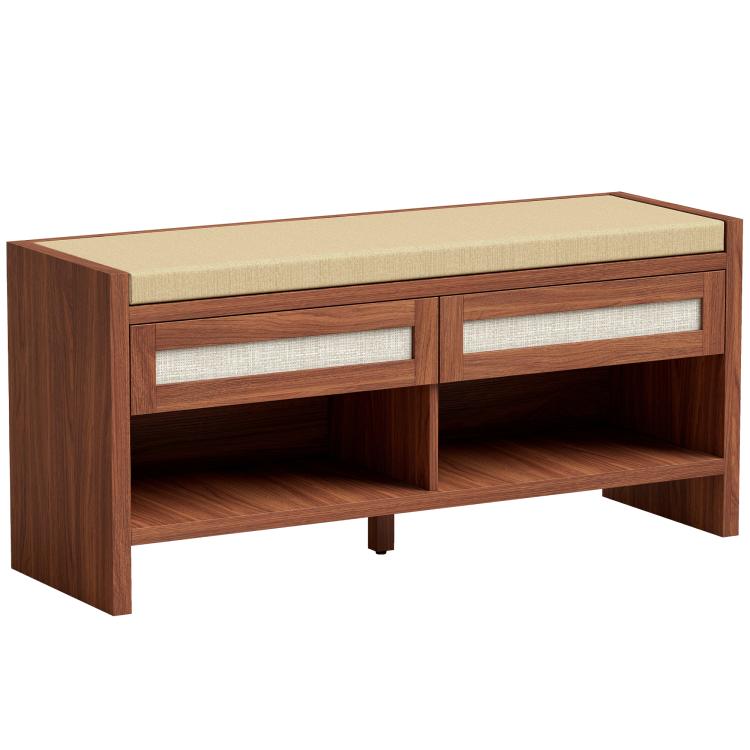 Brown shoe bench with beige cushioned top, two rattan drawers, and open storage shelf