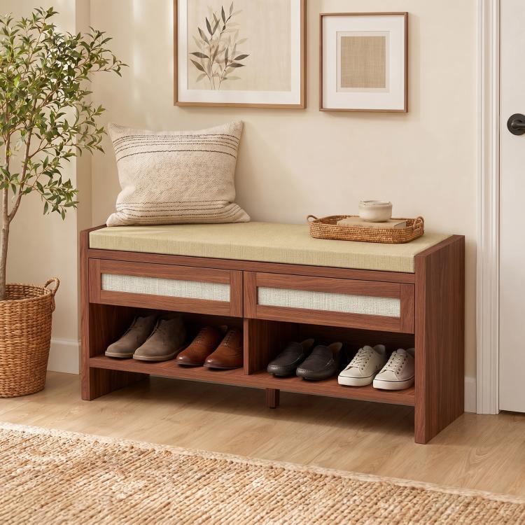 Brown shoe storage bench with cushioned top and open shoe shelf with drawer fronts
