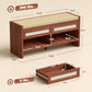 Shoe storage bench with cushioned seat, open shelf, and two drawers shown with measurements