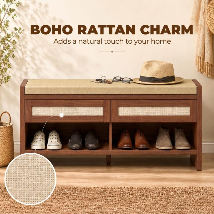 Brown shoe bench with cushioned seat and two rattan-style drawer fronts, open shoe shelf