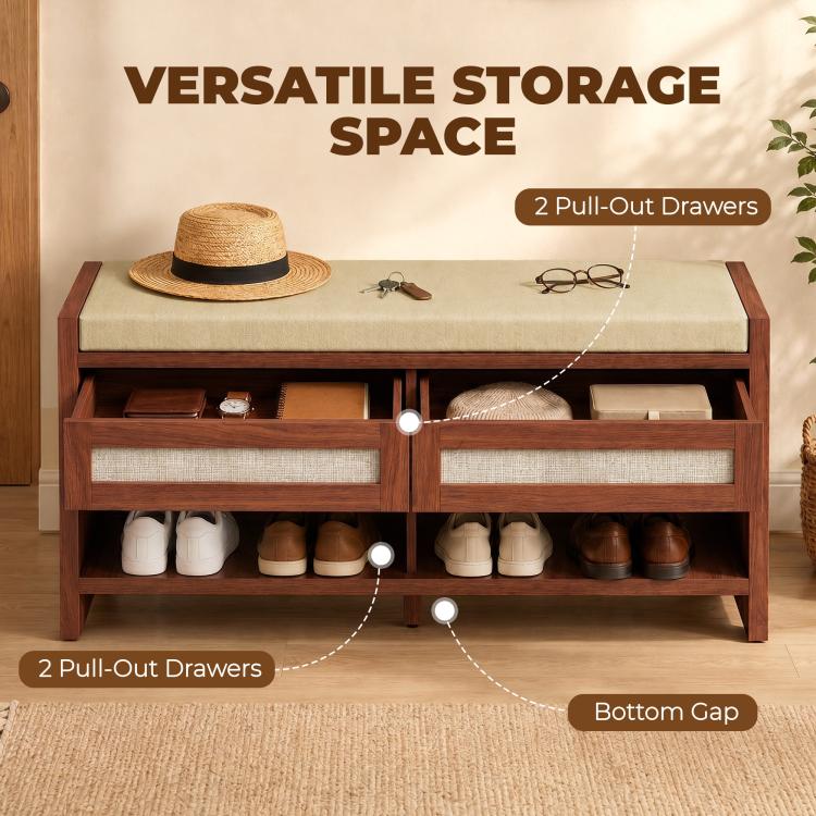 Brown shoe storage bench with cushioned seat, two pull-out drawers, and open shoe shelf