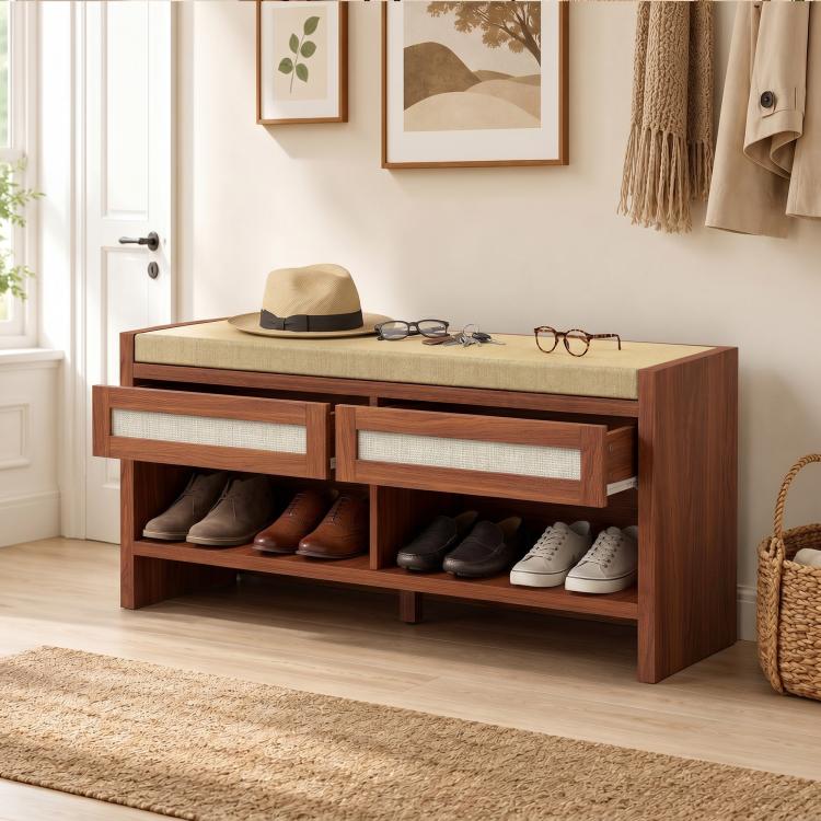 Brown shoe storage bench with cushioned seat, open shelf cubbies, and drawer fronts