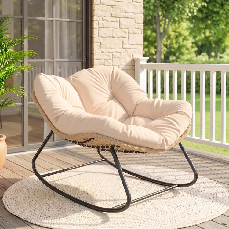 Cream white papasan rocking chair with thick cushion and woven rattan base
