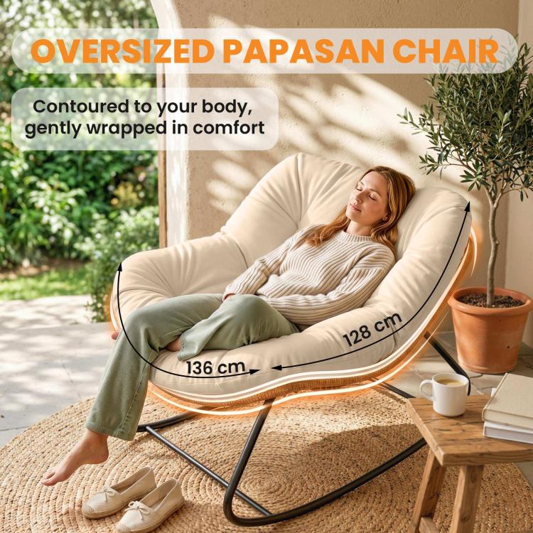 Oversized cream papasan rocking chair with thick contour cushion and black rockers