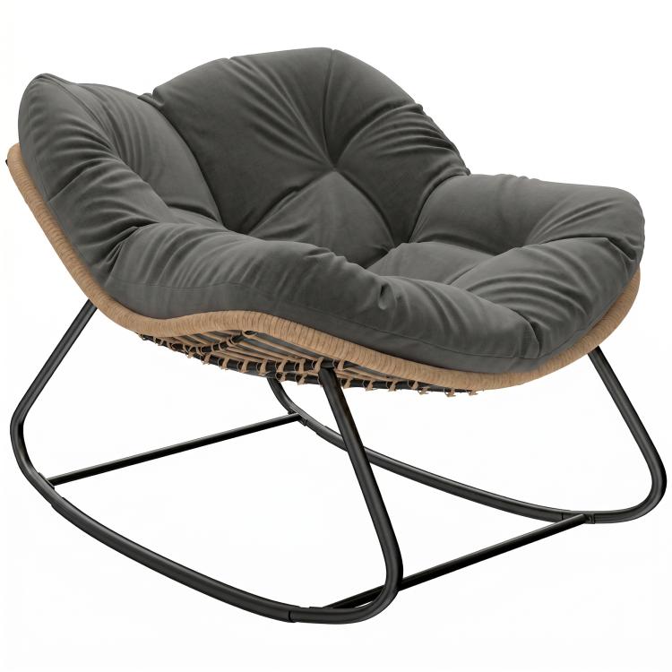Dark gray oversized rocking egg chair with tufted cushion and black metal base