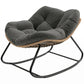 Dark gray tufted cushion rocking egg chair with woven wicker seat and black frame