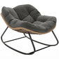 Dark gray cushioned rocking egg chair with woven base and black metal frame