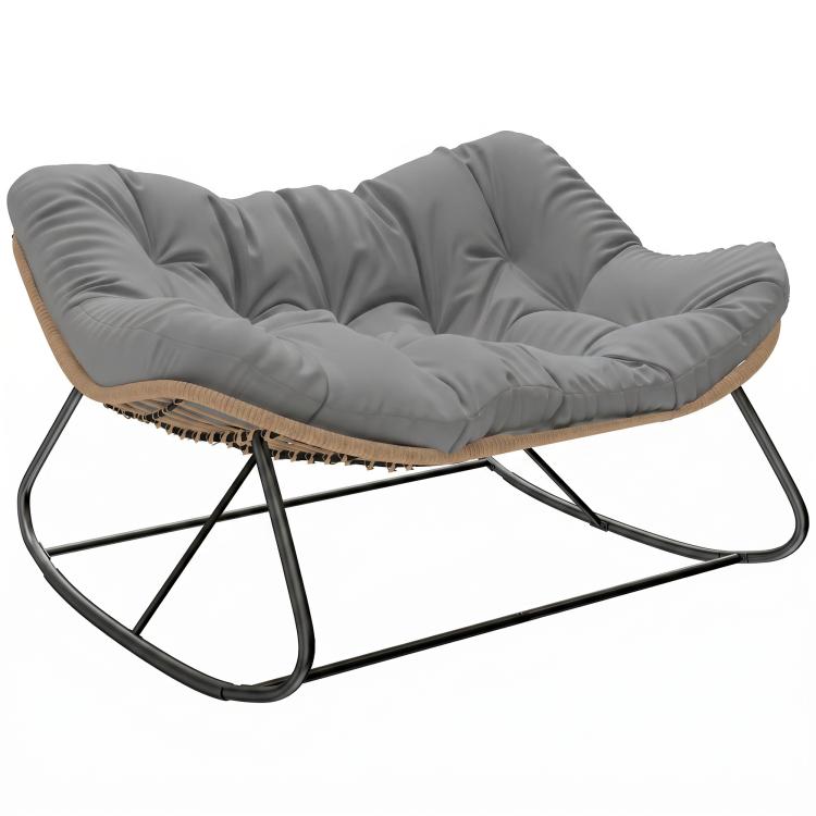 Gray tufted papasan rocking chair cushion with tan woven base and black curved rockers