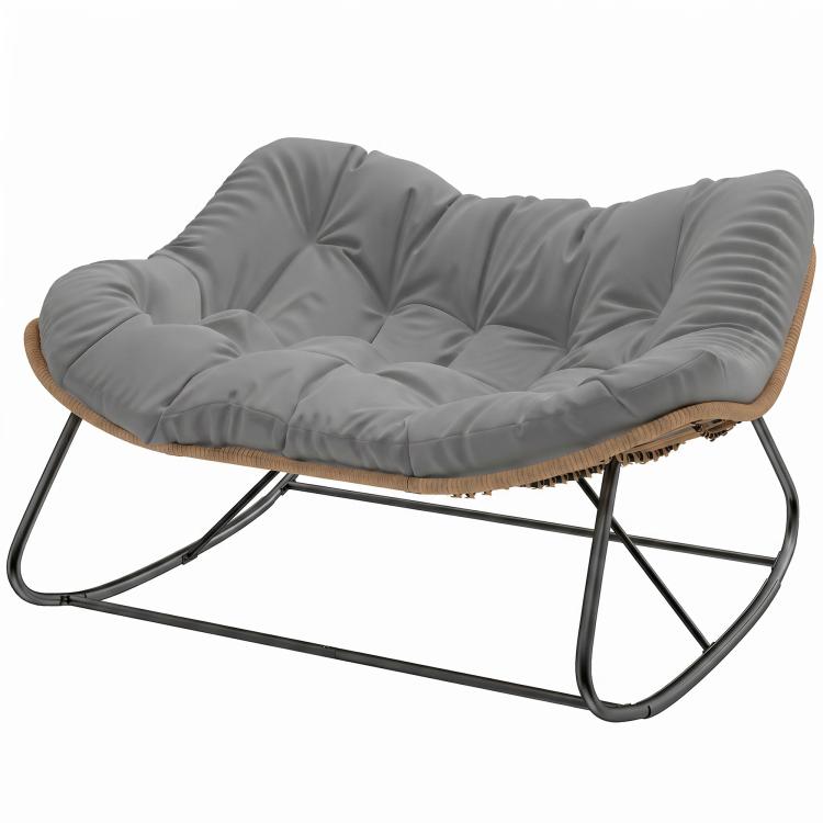 Gray papasan-style rocking chair with deep cushioned seat and tan wicker base on black frame