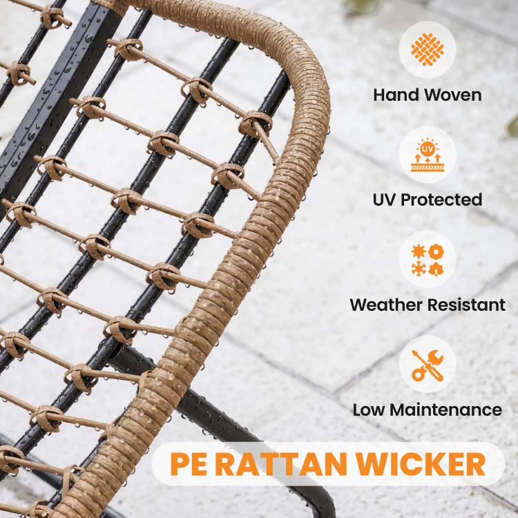 Hand-woven tan rattan wicker panel with black metal support for rocking chair