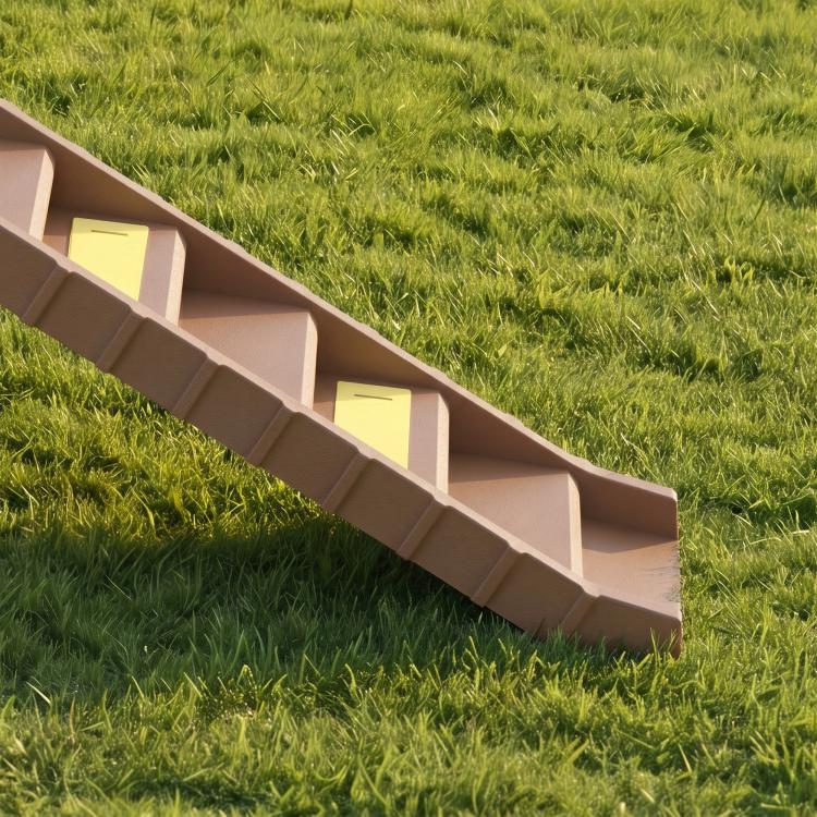 Brown foldable dog ramp with stepped platform and grip ledges, shown side view