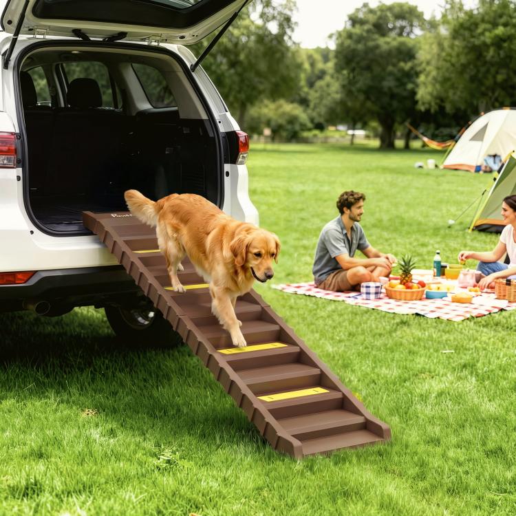 Brown dog ramp extended from open car trunk, with yellow non-slip step strips on grass