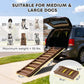 Brown foldable dog ramp with yellow traction strips shown next to an SUV on pavement