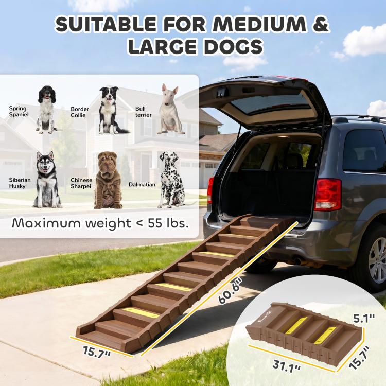 Brown foldable dog ramp with yellow traction strips shown next to an SUV on pavement