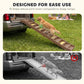 Brown foldable dog stairs ramp with yellow non-slip steps, dog standing on the lowest step