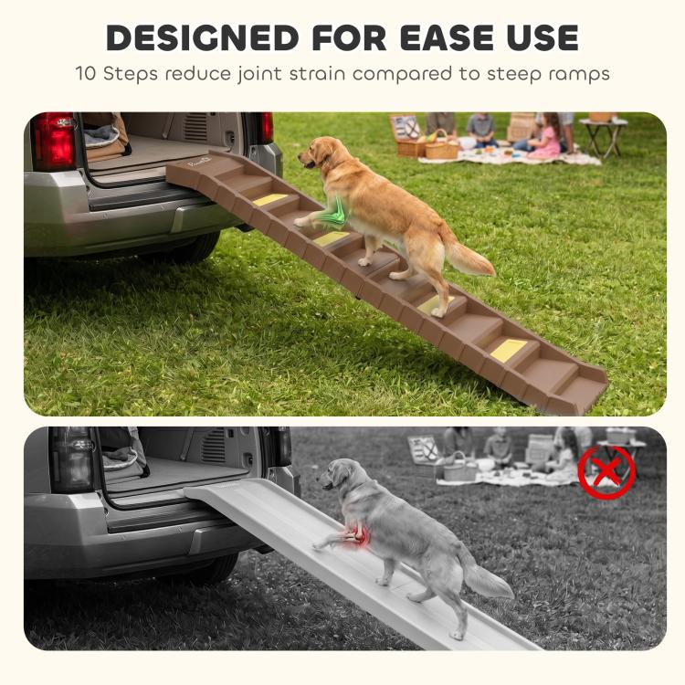 Brown foldable dog stairs ramp with yellow non-slip steps, dog standing on the lowest step