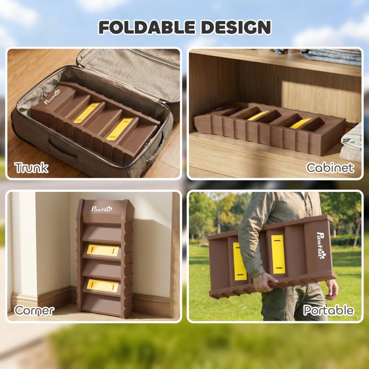 Foldable brown dog ramp shown folded for storage in a trunk or cabinet-like case