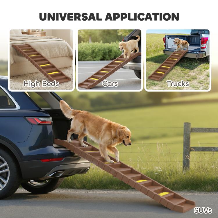Brown dog ramp with yellow non-slip strips extended from a vehicle toward the yard