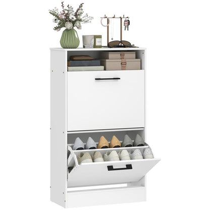 White shoe cabinet with two flip drawers and lower shoe rack shelf