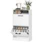 White shoe cabinet with open flip drawers and shoe compartments