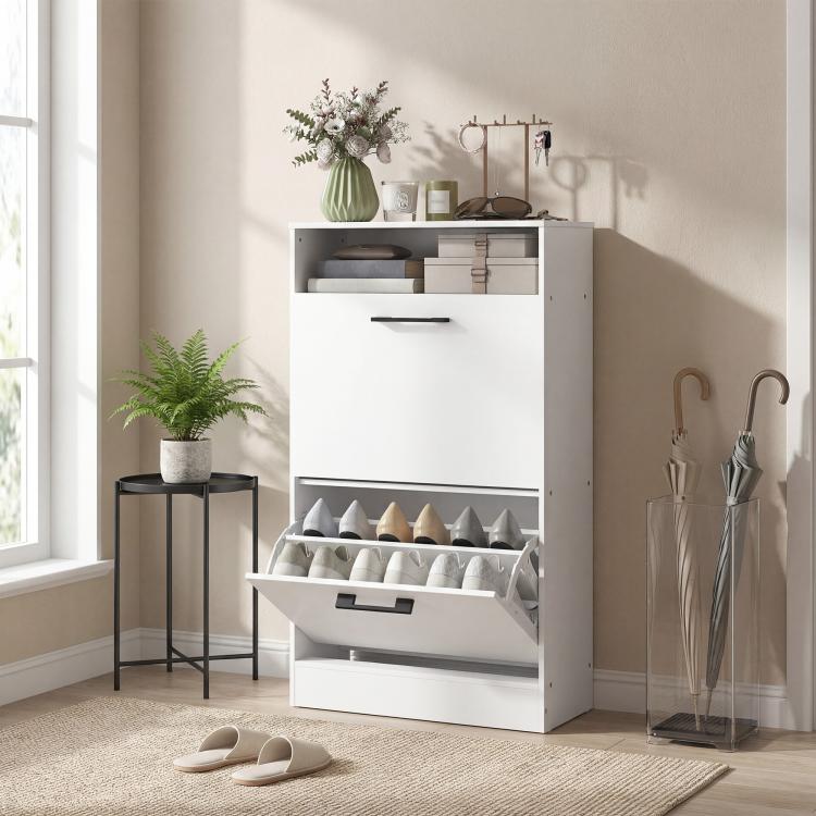 White shoe cabinet with open flip drawers and adjustable dividers for storing shoes