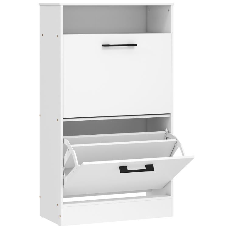 White cabinet with open flip drawer showing interior storage compartments and handle