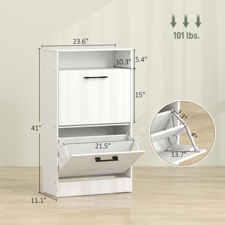 White shoe cabinet flip drawer with size diagram and measurement callouts