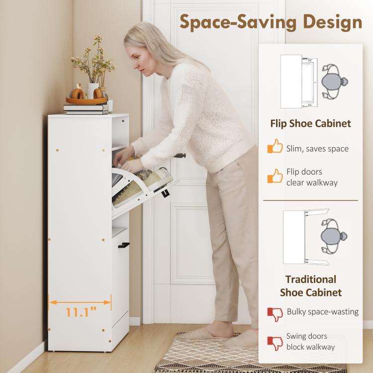 White flip shoe cabinet with bottom drawer open and shoes inside