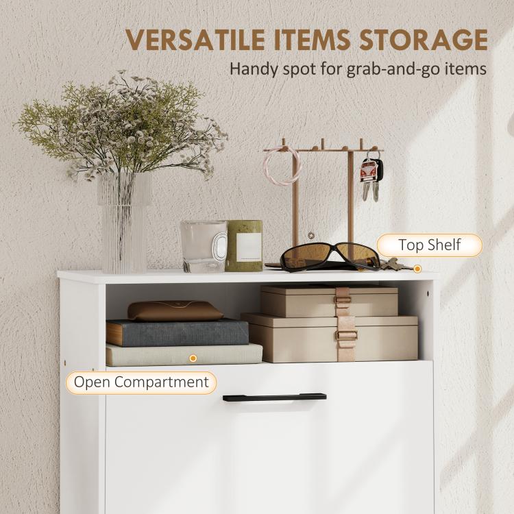 White shoe cabinet top shelf open compartment with glasses and stored items