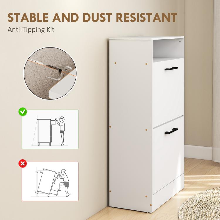 White shoe cabinet with anti-tipping kit hardware shown on corner