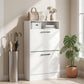White shoe cabinet with flip drawers closed and top shelf organizer bin