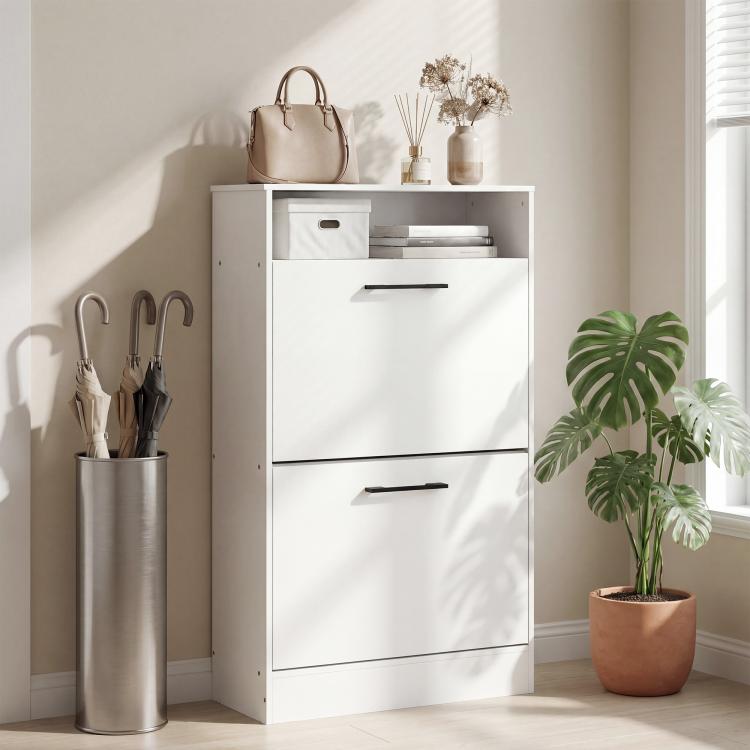 White shoe cabinet with flip drawers closed and top shelf organizer bin