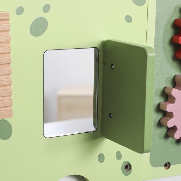 Green dinosaur wall-mounted busy board panel with hinged rectangular mirror.