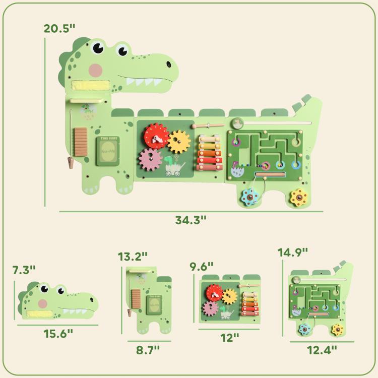 Green dinosaur busy board size chart diagram with activity layout and measurements
