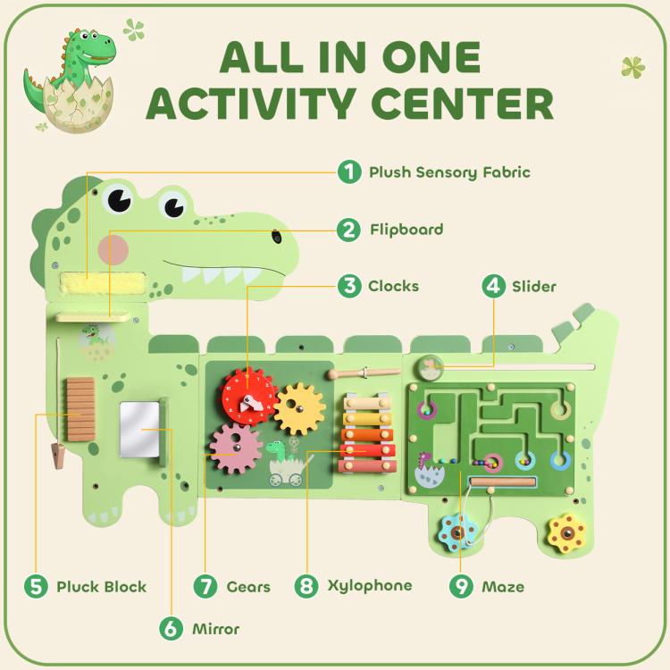 Green dinosaur activity center diagram showing mirror, flipboard, pluck block, gears, maze