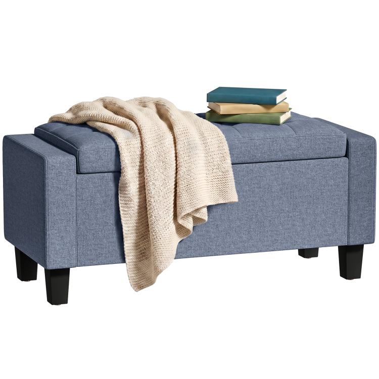 Dark blue-gray tufted storage ottoman bench with hinged top and wooden legs