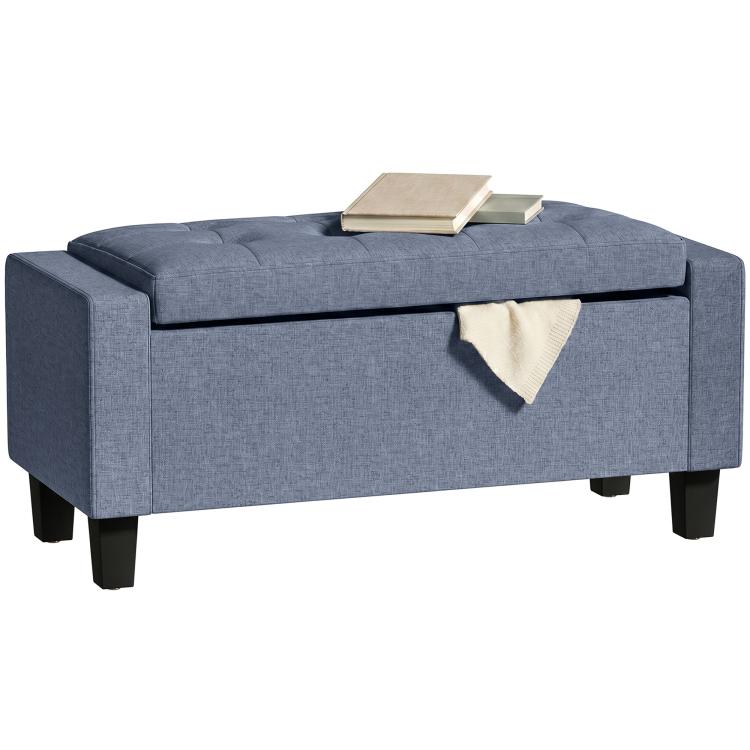 Dark blue-gray upholstered storage ottoman bench with padded armrests and hinged lid