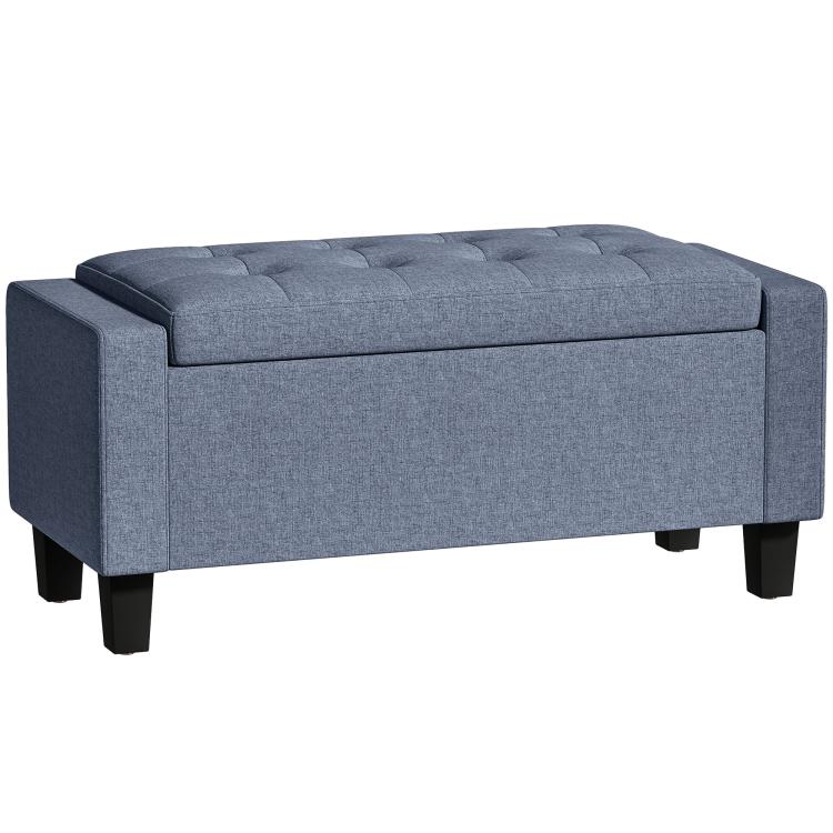 Dark gray tufted storage ottoman bench with hinged top and wooden legs
