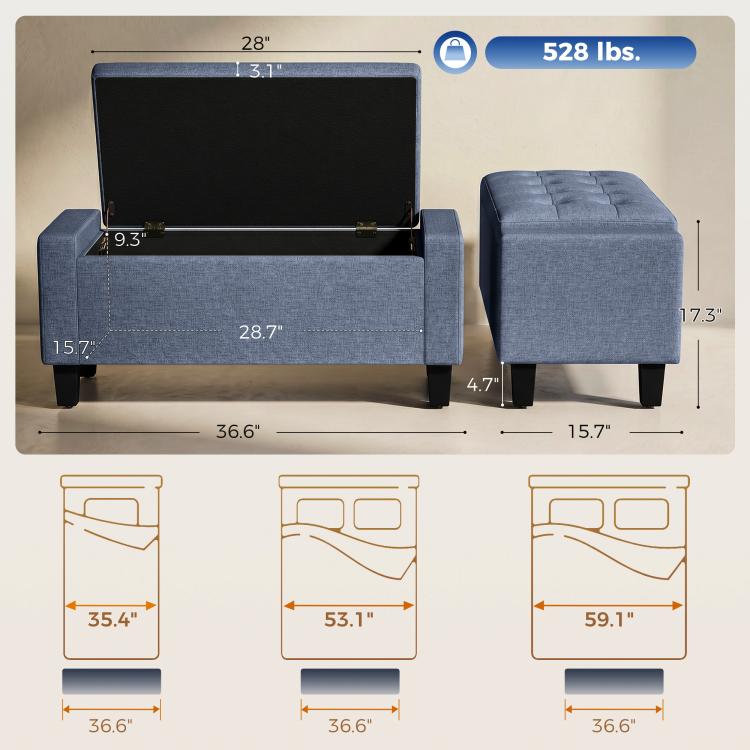Dark blue-gray storage ottoman bench with hinged lid and wooden legs, 36.6 in