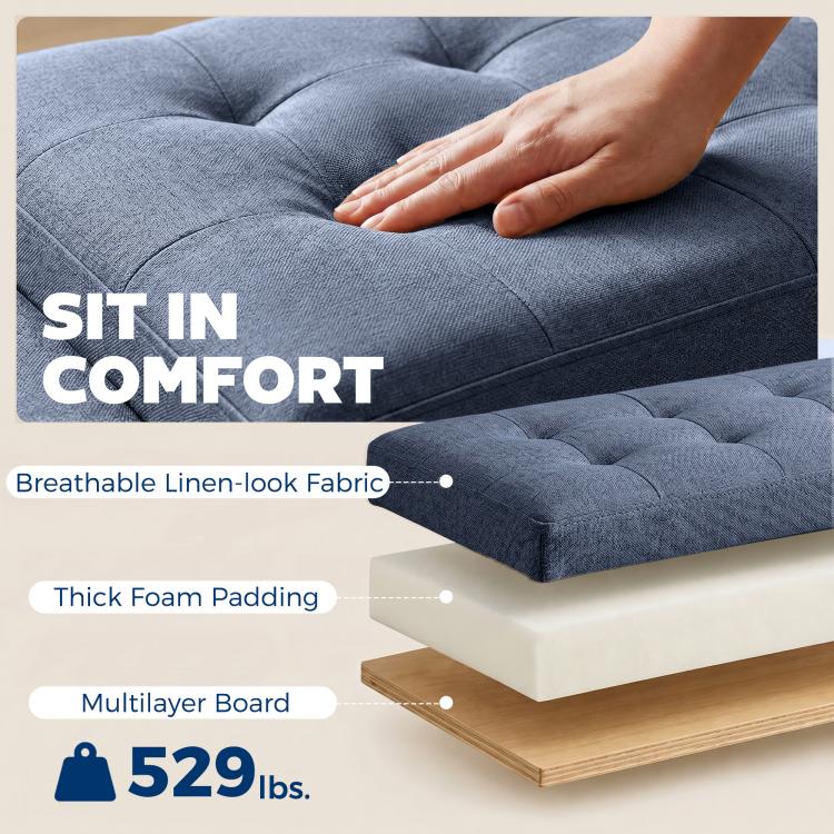 Dark blue-gray tufted storage ottoman bench with textured linen-look upholstery