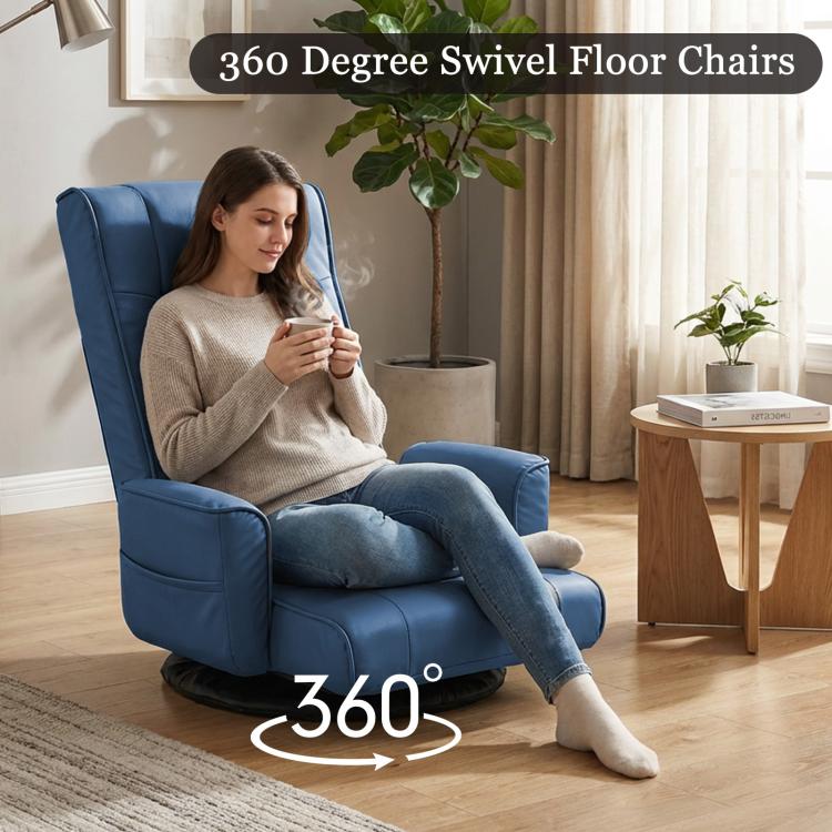 360 Degree Swivel Floor Chairs for Adults, Faux Leather Gaming Floor Chair with Back Support, 14 Angles Adjustable Comfortable Floor Lounge Chair Folding Video Game Chairs Office Bedroom
